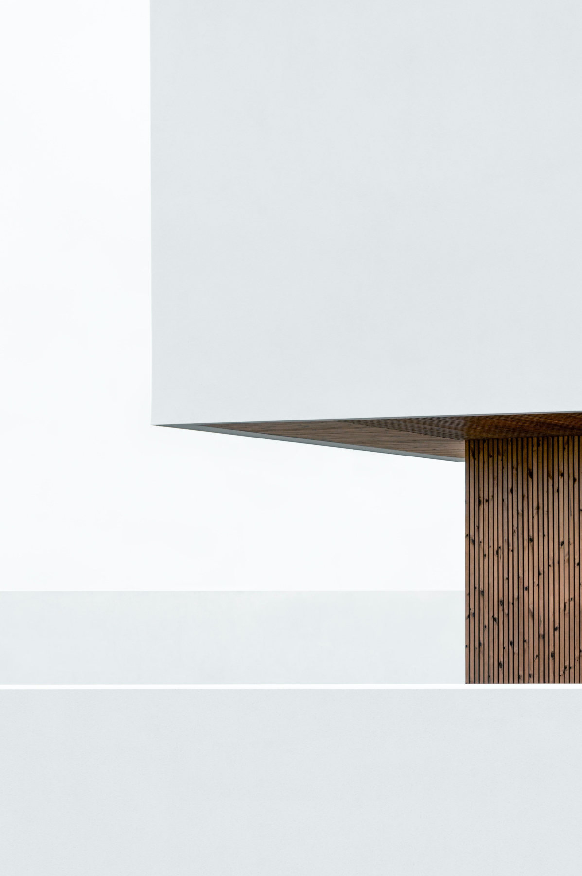 Weißer Baukörper mit auskragendem Dach und Holzlamellen